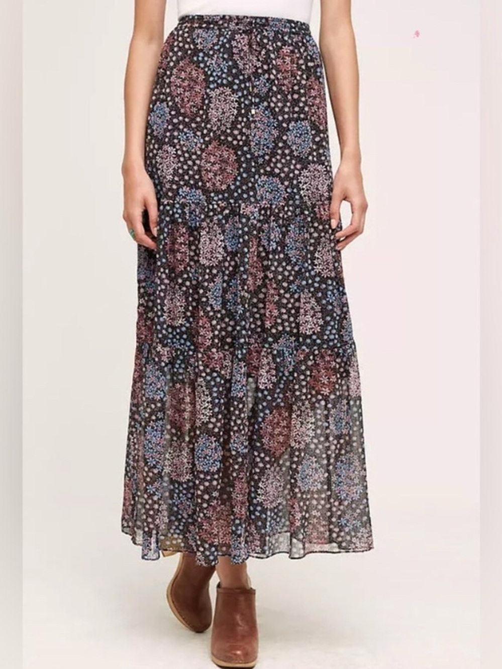 Anthropologie MAEVE Moon Lake Maxi Skirt - Black with Blue & Pink Floral